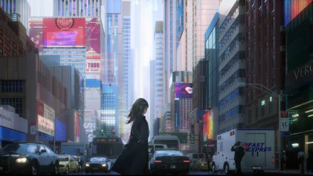 An anime girl standing in a bustling city street with high-rise buildings and vibrant billboards. The scene is captured in HD and used as a wallpaper and background.