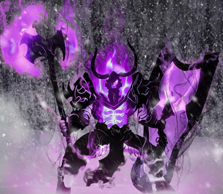 A high-definition desktop wallpaper of Iron from Solo Leveling, featuring the anime character in dark armor with glowing purple accents, wielding a large axe and shield, amidst a misty backdrop.