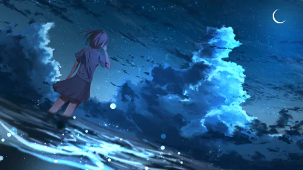 Anime girl standing in water during the night, with a crescent moon illuminating the sky and clouds. The serene scene is depicted in HD, making it a stunning anime-themed desktop wallpaper and background.