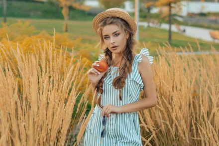 model hat apple grass Alina Stanislavskaya woman mood HD Desktop Wallpaper | Background Image