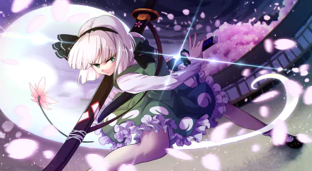 Anime-style night scene featuring Youmu Konpaku from Touhou, dressed in a frilled outfit with a glowing moon and cherry blossoms illuminating the background.