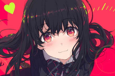 Anime girl with black hair and a blush, smiling softly against a vibrant red background, designed as an HD PC desktop wallpaper and background.