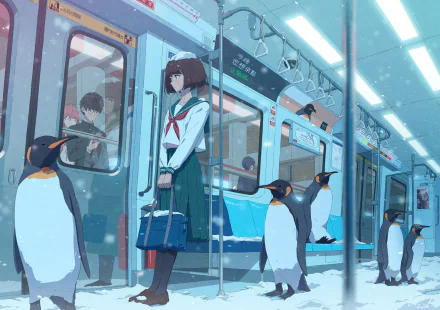 Anime-style HD PC wallpaper featuring a girl in a school uniform standing on a train surrounded by penguins, blending everyday life with surreal elements.