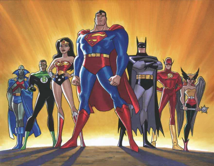HD desktop wallpaper featuring the Justice League from the TV show, showcasing iconic superheroes like Superman, Wonder Woman, Batman, and others united in a powerful stance.
