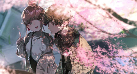 Anime couple standing close beneath blooming sakura branches, rendered in HD for a vibrant PC desktop wallpaper background.