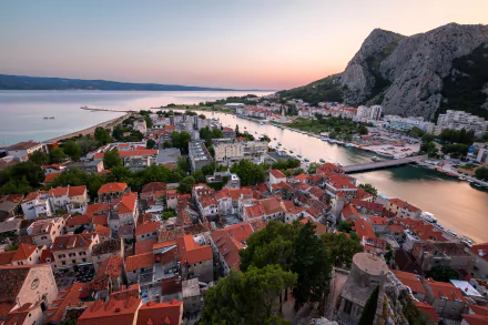 Omiš river adriatic sea Croatia panorama building mountain man made town HD Desktop Wallpaper | Background Image
