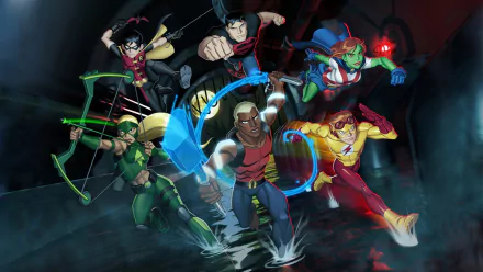 HD desktop wallpaper featuring Arrowette, M'gann M'orzz, Conner Kent, Wally West, Artemis Crock, Dick Grayson, and Kaldur'ahm from the Young Justice TV show.
