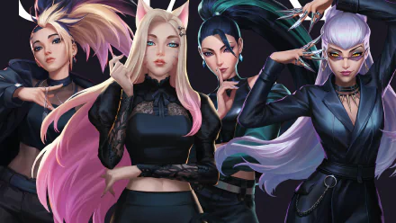 HD desktop wallpaper featuring K/DA characters Kai'Sa, Evelynn, Akali, and Ahri from League of Legends, styled in vibrant K-pop fashion.