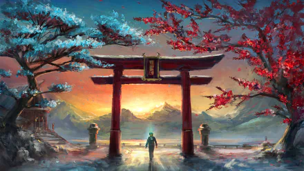 HD desktop wallpaper featuring a fantasy landscape with a sunset behind mountains, sakura trees, and a person standing beneath a torii gate.