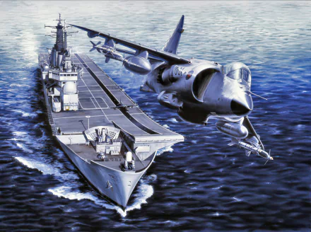 HD PC desktop wallpaper: Hawker Siddeley Harrier jet fighter flying over an aircraft carrier at sea, military warplane and naval deck in a dramatic background.