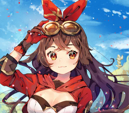 HD desktop wallpaper and background featuring Amber from the video game Genshin Impact. Amber is depicted with purple hair, wearing goggles and a red outfit against a blue sky with scattered pink petals.