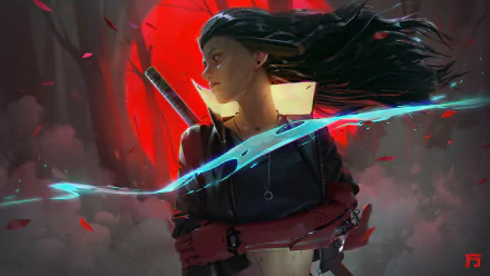 HD cyberpunk desktop wallpaper featuring a fierce samurai cyborg with flowing hair and glowing blue katana blade against a vivid red and smoky background.