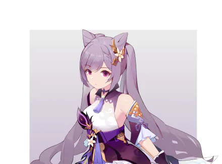 HD PC desktop wallpaper featuring Keqing from the video game Genshin Impact, showcasing her detailed purple-themed outfit and long hair.