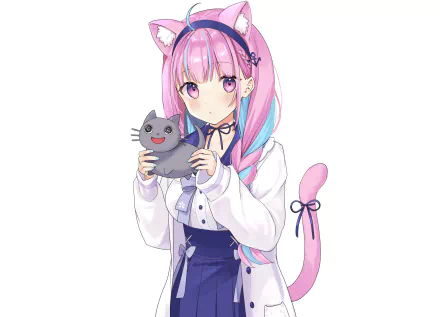 HD anime wallpaper of Minato Aqua from Hololive, featuring pink hair, pink eyes, animal ears, and a cat-themed outfit, holding a small gray cat plush.