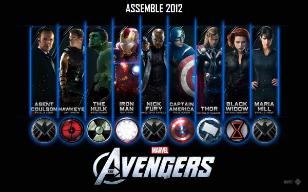 HD PC desktop wallpaper featuring Avengers characters from the 2012 movie, including Iron Man, Captain America, Thor, Hulk, Black Widow, and others with their names and symbols.