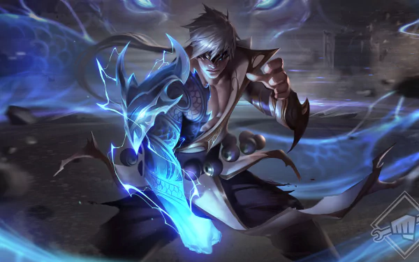Lee Sin (League of Legends) — blindfolded martial artist channeling blue spectral energy in a dynamic strike, HD PC desktop wallpaper/background showcasing the video game champion.