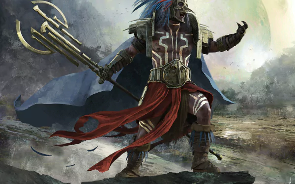 HD PC desktop wallpaper/background: Aztec-inspired fantasy warrior in ceremonial armor and feathered mask, brandishing a trident-like staff while standing on a windswept battlefield.
