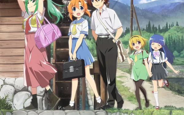 HD PC desktop wallpaper featuring Maebara Keiichi, Hōjō Satoko, Rena Ryūgū, and Furude Rika from the anime Higurashi: When They Cry - New in a scenic outdoor setting.