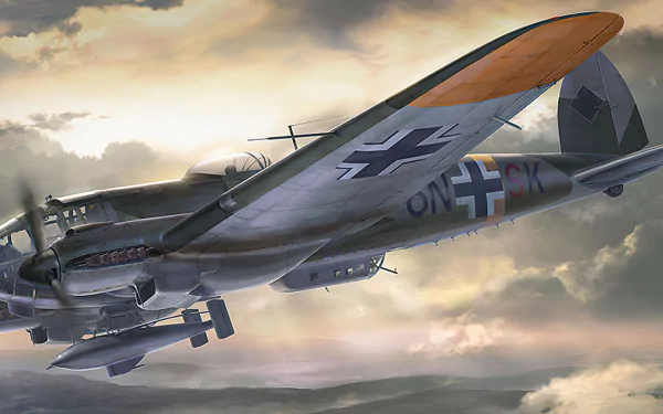 HD PC desktop wallpaper: Heinkel He 111 military bomber warplane in flight above clouds, German-marked aircraft rendered as a dramatic aircraft background.