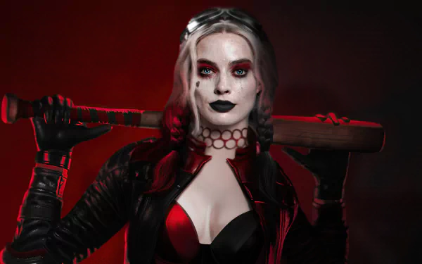 Harley Quinn from DC Comics' The Suicide Squad, with blue eyes, dark lipstick, holding a bat against a red background in 4K Ultra HD PC desktop wallpaper.