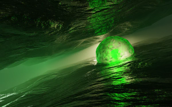 3D abstract HD wallpaper featuring a glowing green sphere set against a dynamic background of dark, flowing water-like textures.