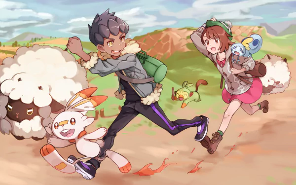 Grookey (Pokémon) Pokemon Sobble (Pokémon) Wooloo (Pokémon) Scorbunny (Pokémon) Gloria (Pokémon) Hop (Pokémon) video game Pokémon: Sword and Shield HD Desktop Wallpaper | Background Image