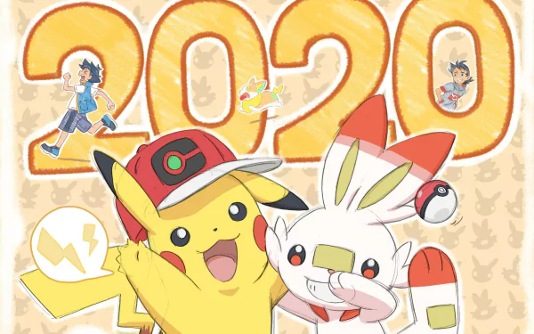 Yamper (Pokémon) New Year 2020 cap pokeball Goh (Pokémon) Ash Ketchum Scorbunny (Pokémon) Pikachu Anime Pokemon HD Desktop Wallpaper | Background Image