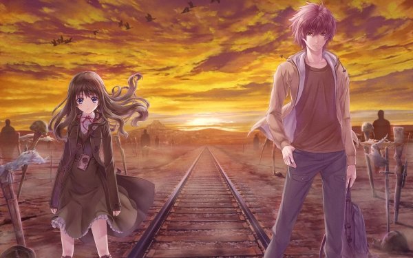 Anime Couple Railroad Sunset HD Wallpaper | Background Image