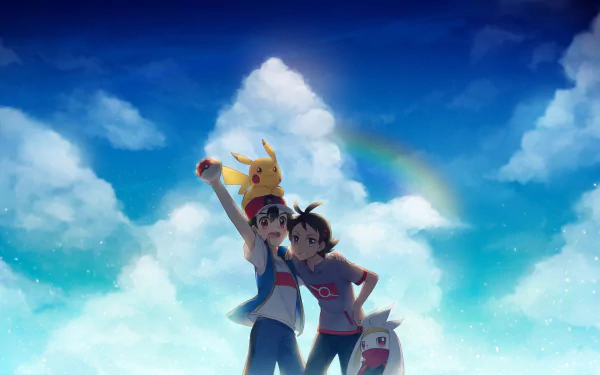 Anime-style HD desktop wallpaper featuring Ash Ketchum and Goh with black hair and brown and blue eyes, holding a Pokéball, alongside Pikachu and Raboot under a vibrant sky with a rainbow.