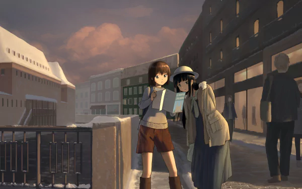 Anime street scene HD PC desktop wallpaper: two girls posing on a snowy evening bridge, warm streetlights glowing against cozy buildings.