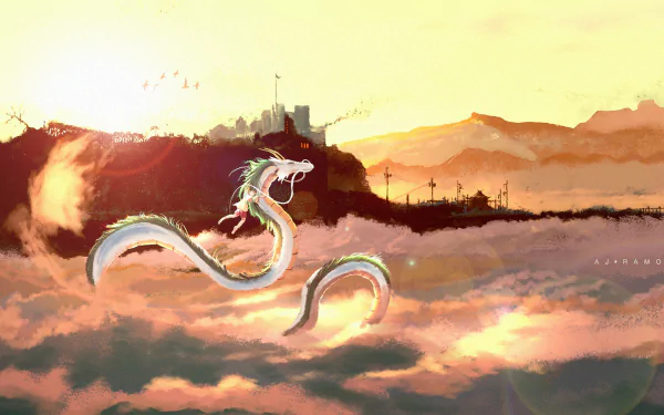 Majestic Chinese dragon soaring amidst a serene backdrop, inspired by the character Chihiro from the anime Spirited Away.