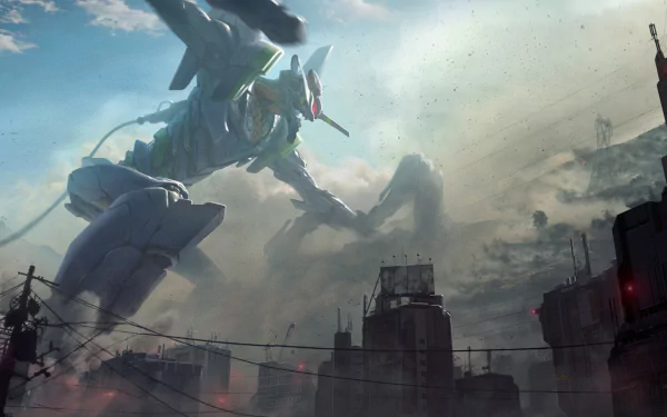 HD PC desktop wallpaper featuring Evangelion Unit-01 from the anime film Evangelion: 1.0 You Are (Not) Alone, set against a moody, post-apocalyptic cityscape.