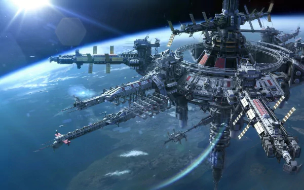 HD PC desktop wallpaper featuring a detailed sci-fi space station orbiting a blue planet, showcasing advanced technology and cosmic beauty.