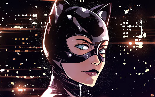 4K Ultra HD PC desktop wallpaper featuring Catwoman from DC Comics in a sleek black costume with glowing city lights in the background.