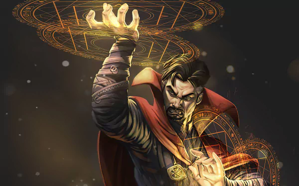 Comic-style Doctor Strange casting a magical spell, with glowing mystical symbols, designed as a 4K Ultra HD PC desktop wallpaper and background.