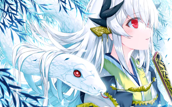 Kiyohime from Fate/Grand Order with white hair and red eyes, accompanied by a white snake, depicted in a detailed anime 4K Ultra HD desktop wallpaper background.