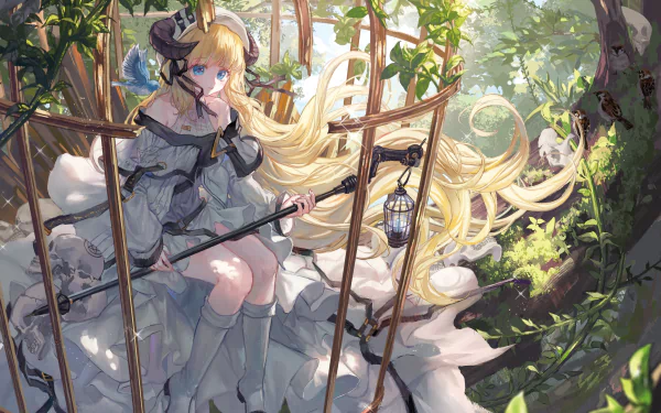 HD PC wallpaper of Nightingale from Arknights, featuring her blue eyes and long blonde hair in a detailed forest setting.