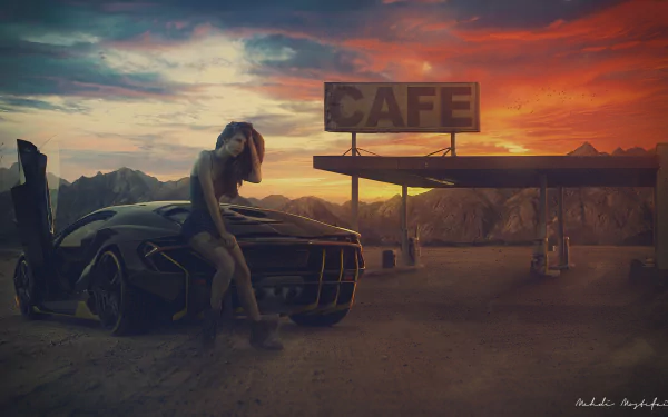 sunset gas station Lamborghini woman Girls & Cars HD Desktop Wallpaper | Background Image