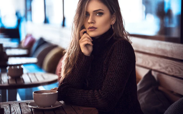 sweater mug makeup hand face Dajana Kllogjri woman model HD Desktop Wallpaper | Background Image