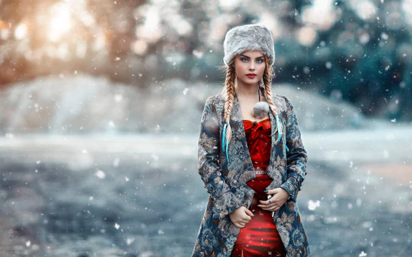 pigtail snow winter woman model HD Desktop Wallpaper | Background Image