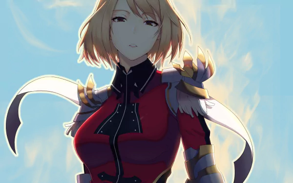 HD desktop wallpaper featuring the anime character Cha Hae-in from Solo Leveling, dressed in detailed fantasy armor against a soft blue sky background.