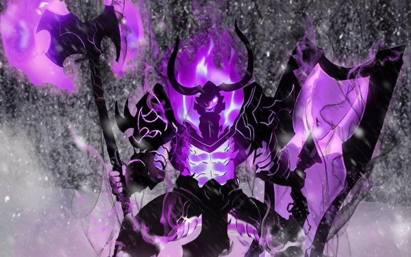 A high-definition desktop wallpaper of Iron from Solo Leveling, featuring the anime character in dark armor with glowing purple accents, wielding a large axe and shield, amidst a misty backdrop.