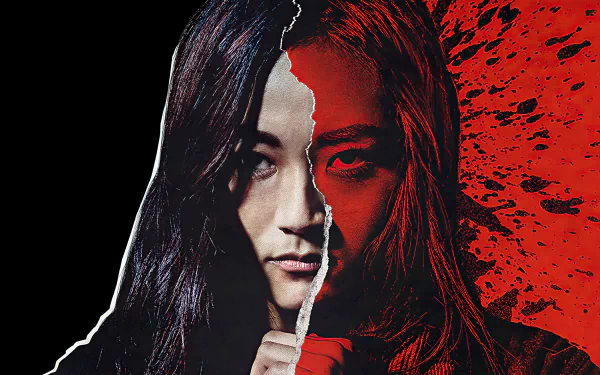 4K Ultra HD wallpaper featuring Kimiko Miyashiro from the TV show The Boys (2019), with a striking split-face design against a bold red and black background.