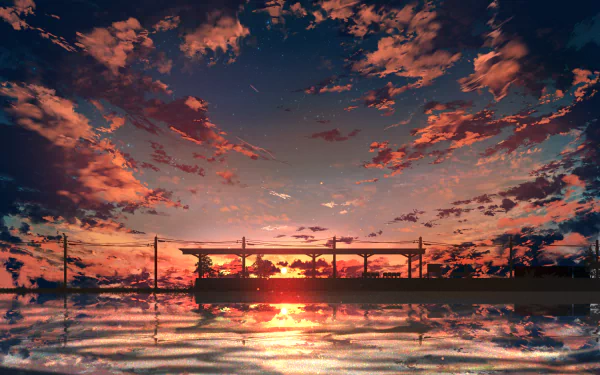 Anime-style HD wallpaper of a stunning sunrise reflecting on water, with clouds and power lines silhouetted against the vibrant sky.