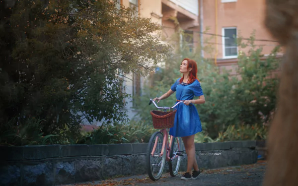 model redhead basket dress bicycle Maria Larina woman mood HD Desktop Wallpaper | Background Image