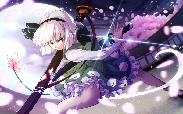 Anime-style night scene featuring Youmu Konpaku from Touhou, dressed in a frilled outfit with a glowing moon and cherry blossoms illuminating the background.