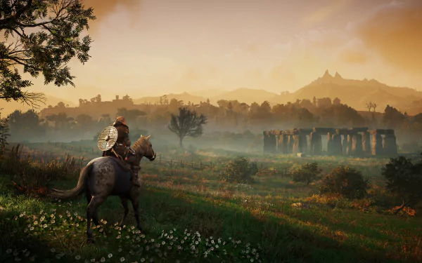 Assassin's Creed Valhalla 4K Ultra HD PC wallpaper featuring a Viking warrior on horseback overlooking a misty ancient stone structure at dawn.