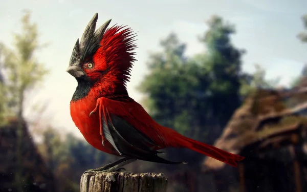 Vibrant red bird with a striking black crest perched on a wooden post against a blurred natural background, captured in 4K Ultra HD for a PC desktop wallpaper.