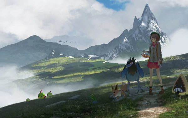 A 4K Ultra HD anime-style desktop wallpaper featuring a character with Pokémon including Eevee, set against mountains and clouds.