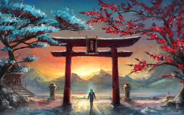 HD desktop wallpaper featuring a fantasy landscape with a sunset behind mountains, sakura trees, and a person standing beneath a torii gate.